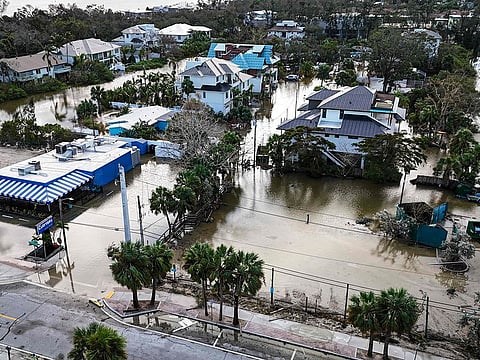 A drone image shows a flooded street due to Hurricane Milton in Siesta Key, Florida, on October 10, 2024. 