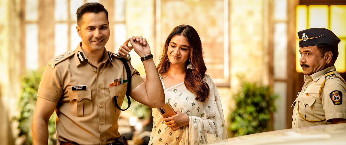 Varun Dhawan, Keerthy Suresh, and Rajpal Yadav in a still from 'Baby John'