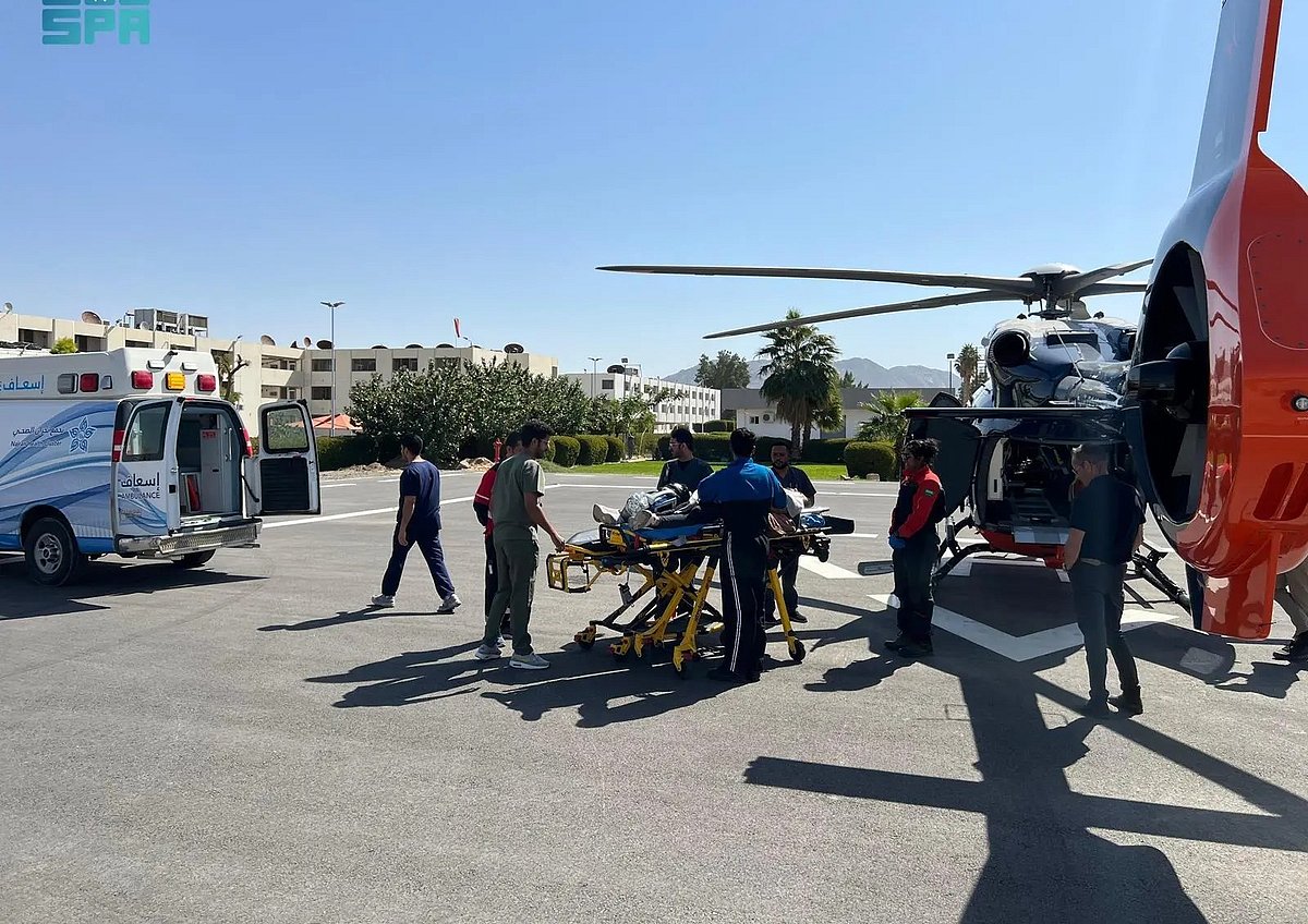 A Saudi air ambulance transports a person injured in a road crash to a hospital in Najran. 