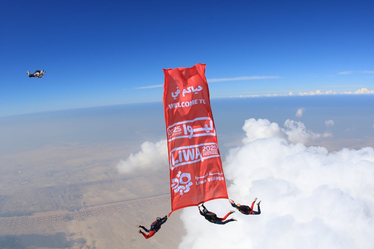 Skydiving instructors from the Abu Dhabi Sports Aviation Club executing an exhilarating jump, unfurling a banner in mid-air.