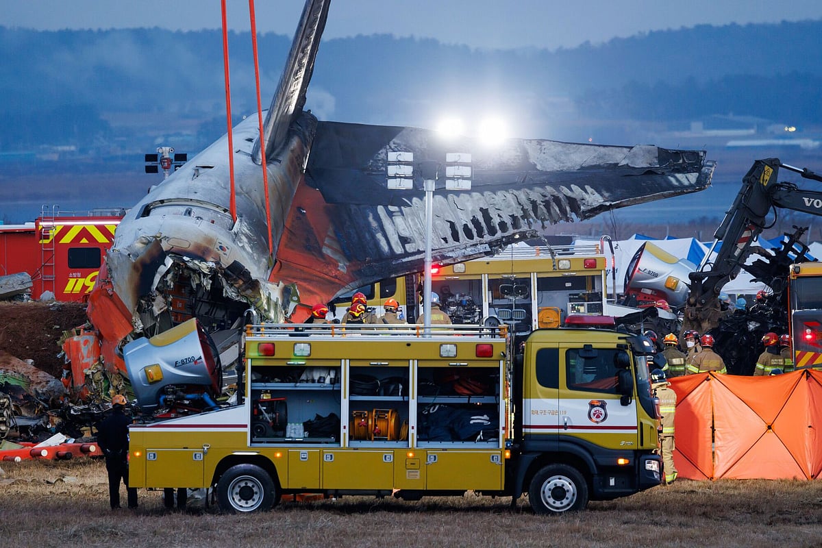 The wreckage of Jeju Air Co. Flight 2216 at Muan International Airport in Muan County, South Korea