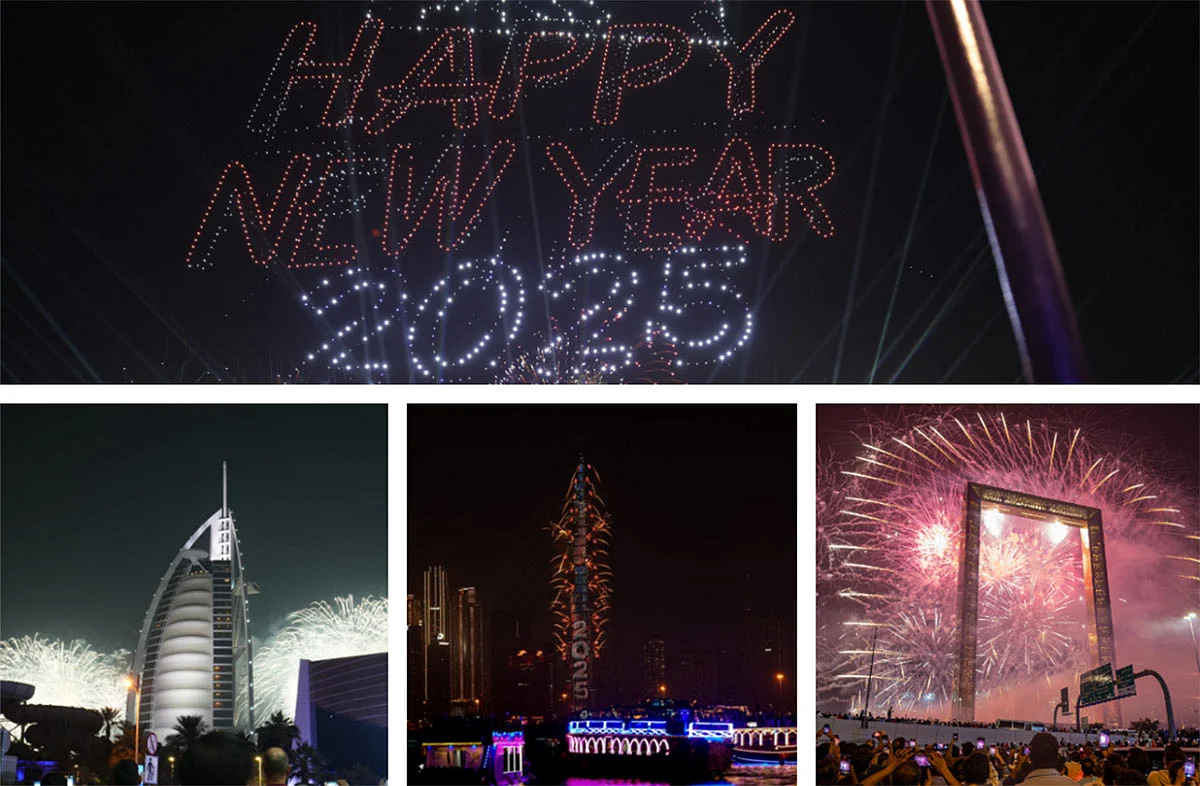 A combination photo showing fireworks in UAE on December 31, 2024, held to usher in New Year 2025 