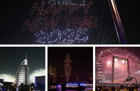 A combination photo showing fireworks in UAE on December 31, 2024, held to usher in New Year 2025 