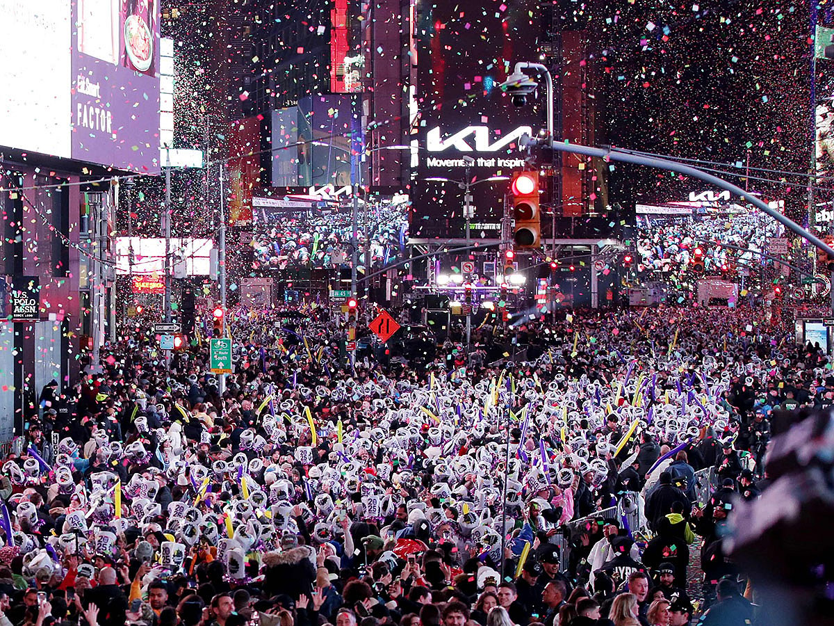 Revelers celebrate the New Year at Times Square in New York City, just after midnight.