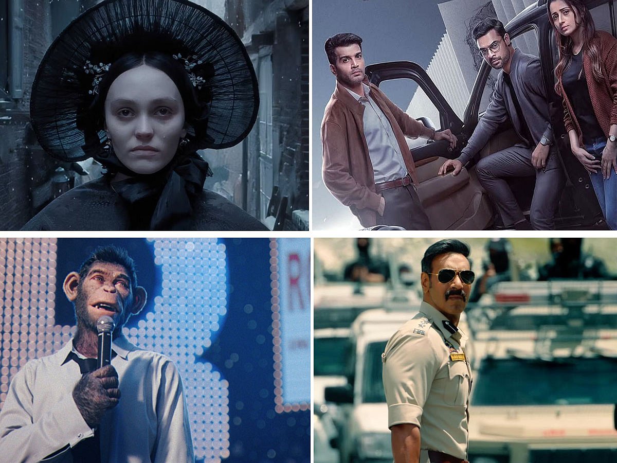 Clockwise from top left: Stills from Nosferatu, Identity, Singham Again and Better Man