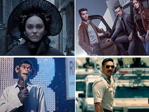 Clockwise from top left: Stills from Nosferatu, Identity, Singham Again and Better Man