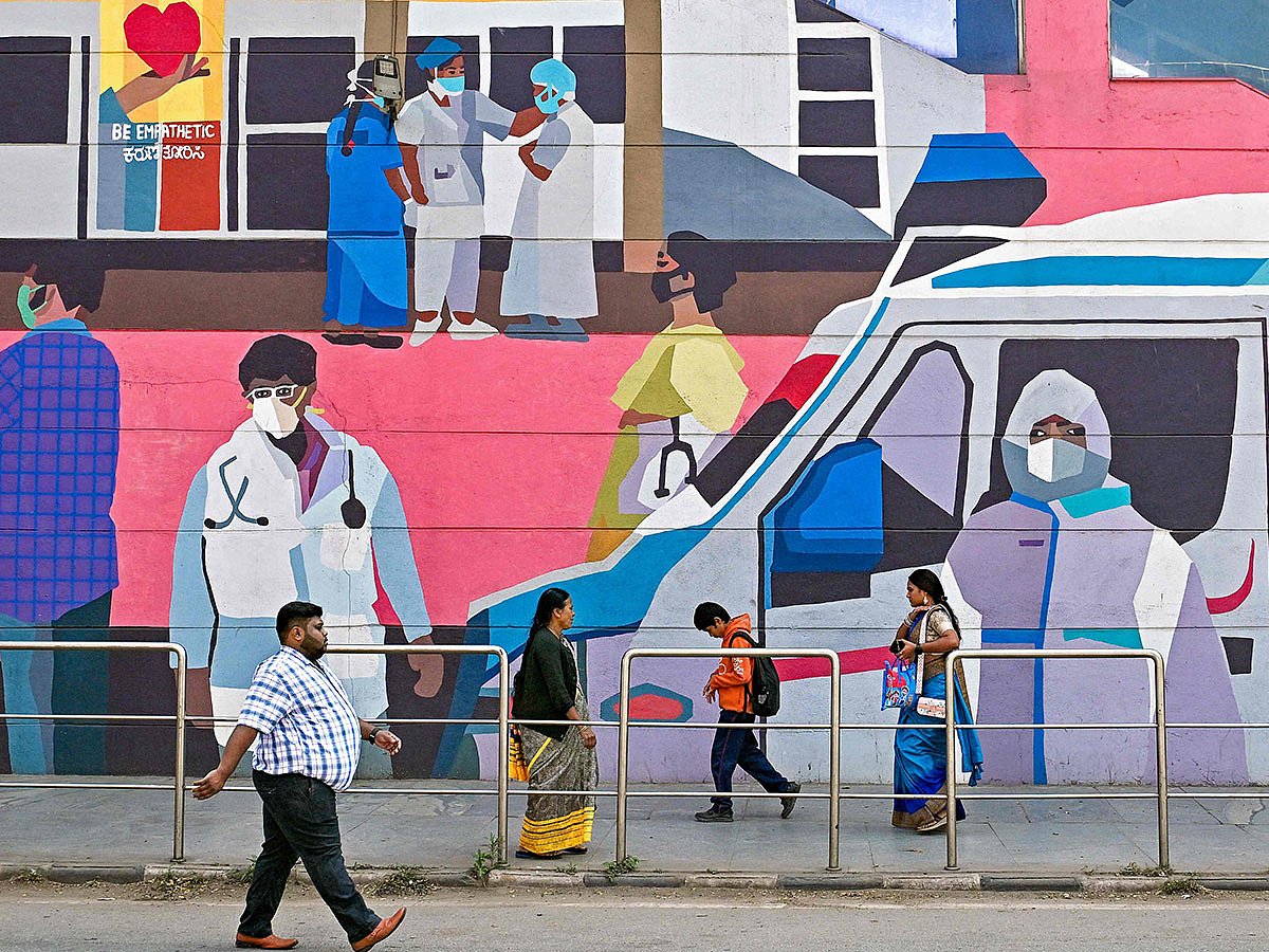 A wall mural promoting awareness on using face masks in Bengaluru on January 6, 2025, amid concerns after two cases of Human Metapneumovirus (HMPV) were reported in India's Karnataka state.  