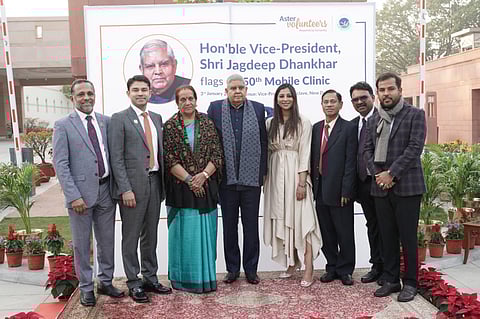 Vice President of India Jagdeep Dhankhar (4th from L) and Alisha Moopen, Managing Director and Group CEO of Aster DM Healthcare (5th from L) and other senior members of the Aster DM Healthcare during the mobile clinic launch in India