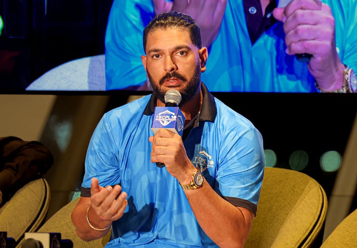 Yuvraj Singh, who is the brand ambassador of the inaugural Tennis Ball Cricket Premier League, talking to media at the launch of the league in Dubai on Monday.