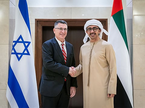 Sheikh Abdullah bin Zayed Al Nahyan (right) with Gideon Sa'ar in Abu Dhabi.