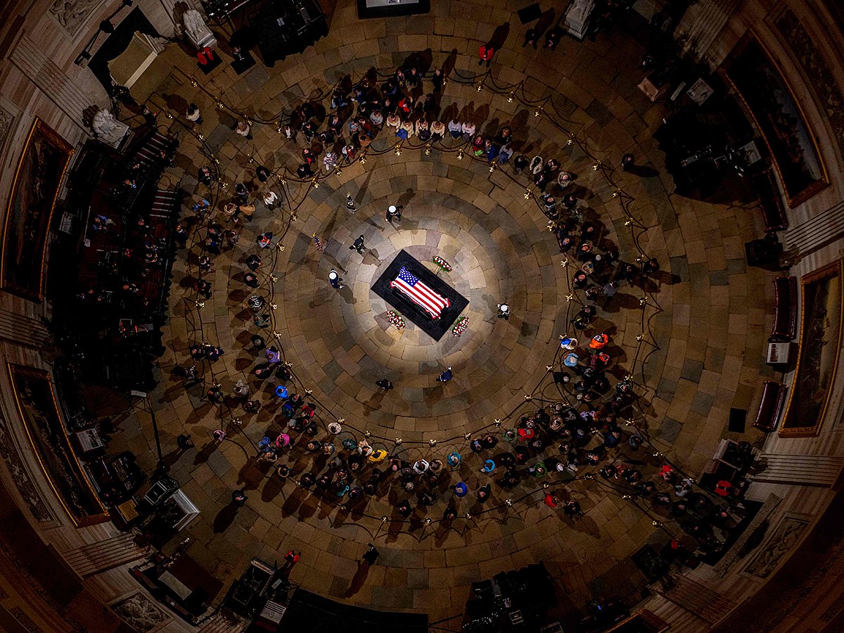 A military guard of honor stands next to the flag-draped casket of former US President Jimmy Carter during the Lying in State Ceremony at the US Capitol Rotunda in Washington, DC on January 7, 2025. 