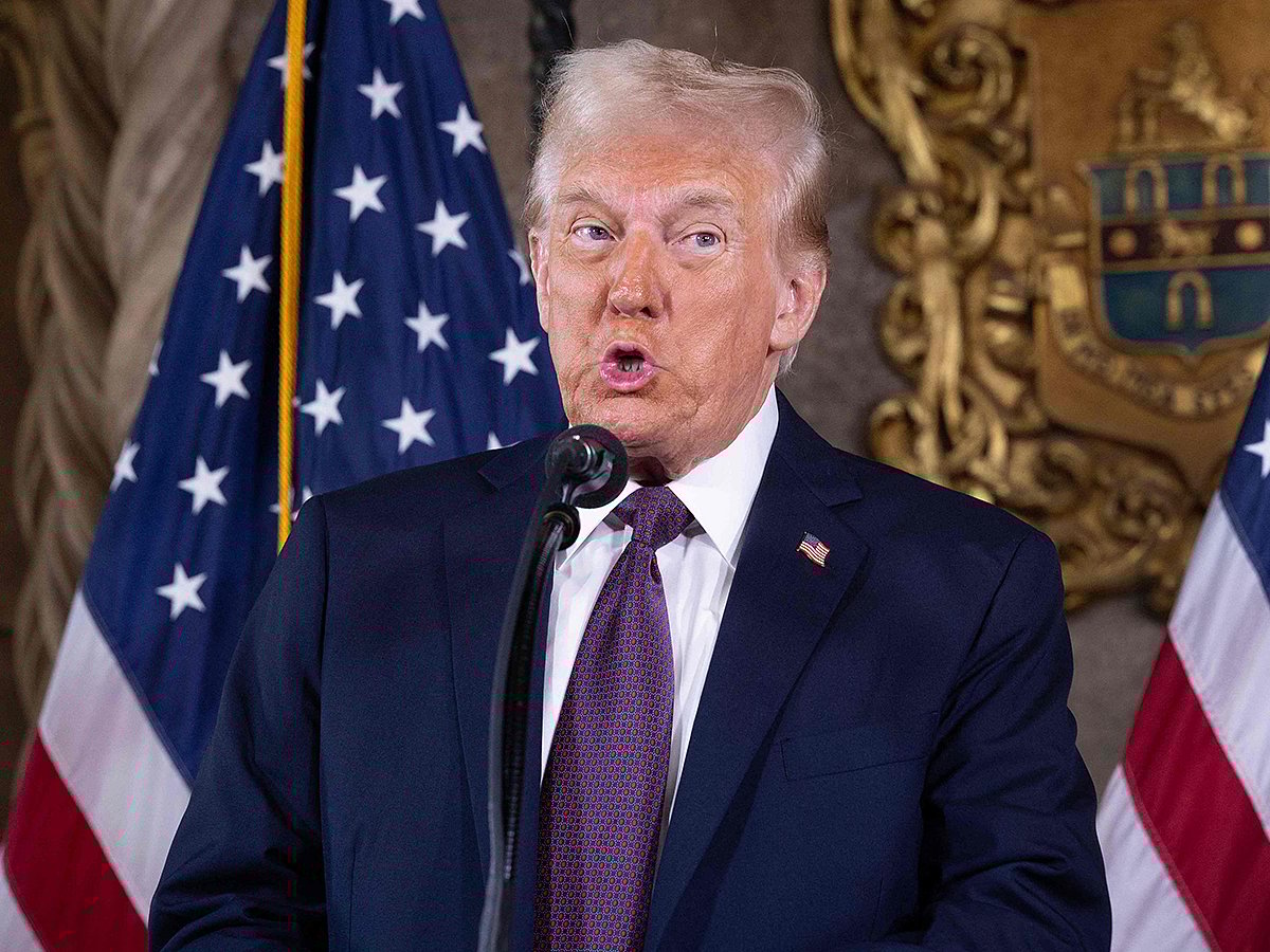 US President-elect Donald Trump speaks to members of the media during a press conference at the Mar-a-Lago Club on January 07, 2025 in Palm Beach, Florida.   