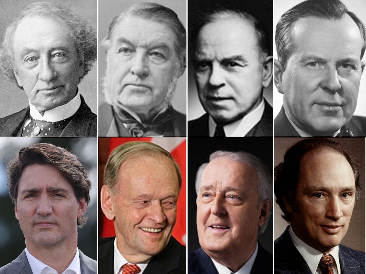 Canadian Prime Ministers who resigned (clockwise, from top left): Sir John A. Macdonald, Sir Charles Tupper, William Lyon Mackenzie King, Lester B. Pearson, Pierre Trudeau, Brian Mulroney, Jean Chrétien, and Justin Trudeau. 
