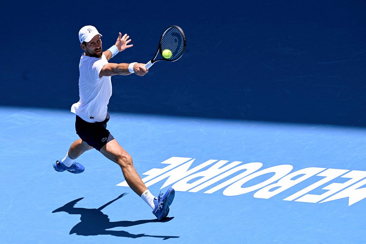 Serbia's Novak Djokovic hits a return during a training session ahead of the Australian Open tennis tournament in Melbourne on Wednesday.