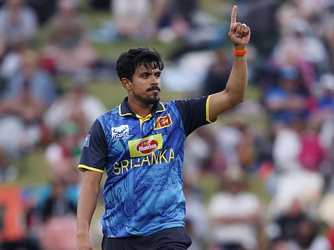 Sri Lankas Maheesh Theekshana celebrates his hat-trick against New Zealands during the second One-Day International in Hamilton on Wednesday.