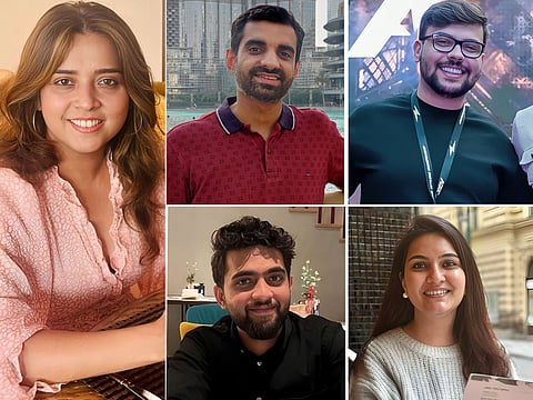 (left) Loveena Gracias and (clockwise from top middle) Karan Popli, Yago Ferreira, Surbhi Bhatia, and Ali Mohammed