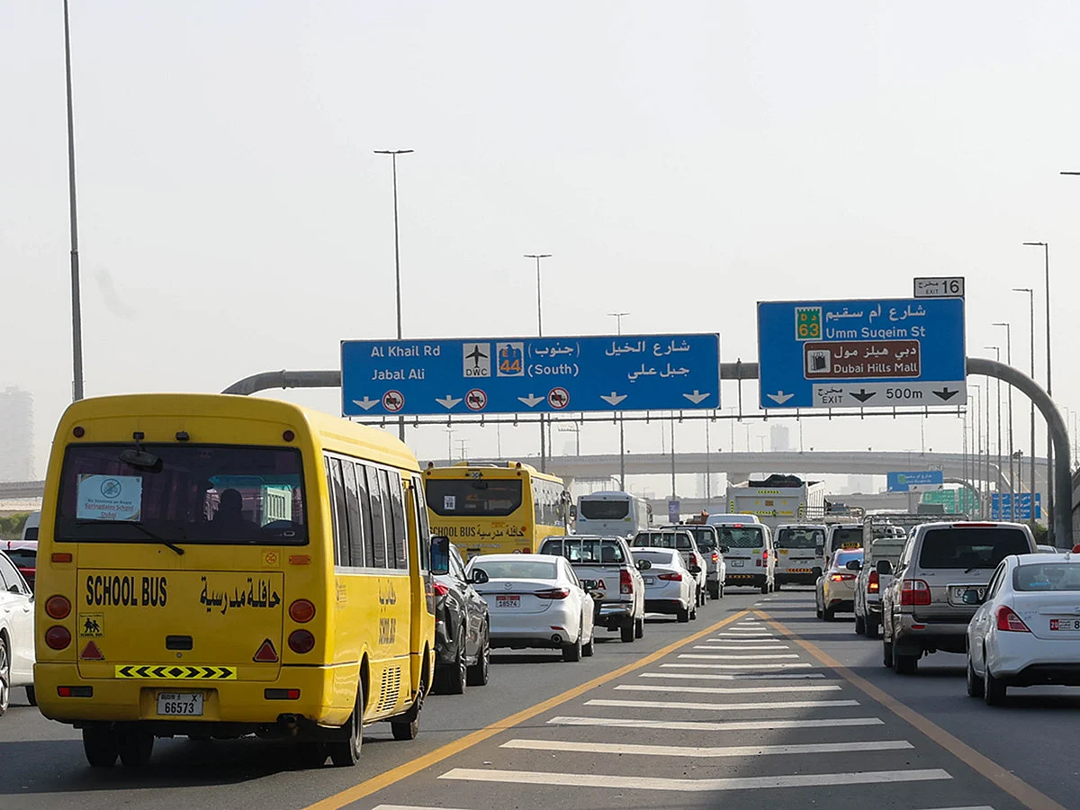 Peak-hour traffic on Al Khail Road in Dubai.