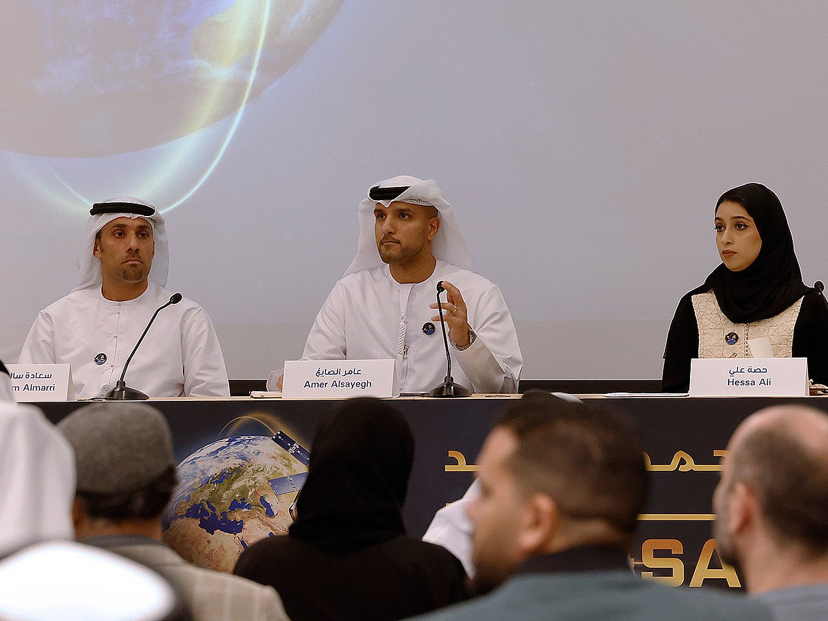(from left) Salem Humaid AlMarri, Director-General, MBRSC; Amer AlSayegh AlGhaferi, Project Manager of MBZ-SAT; Hessa Ali Hussain, Deputy Project Manager of MBZ-SAT, during Thursday's media briefing in Dubai