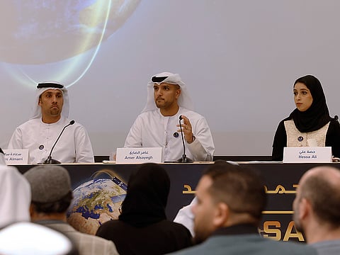 (from left) Salem Humaid AlMarri, Director-General, MBRSC; Amer AlSayegh AlGhaferi, Project Manager of MBZ-SAT; Hessa Ali Hussain, Deputy Project Manager of MBZ-SAT, during Thursday's media briefing in Dubai