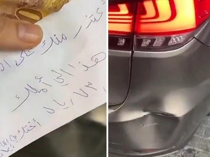 A woman motorist who rammed into a car left an apology note and compensation to repair it.