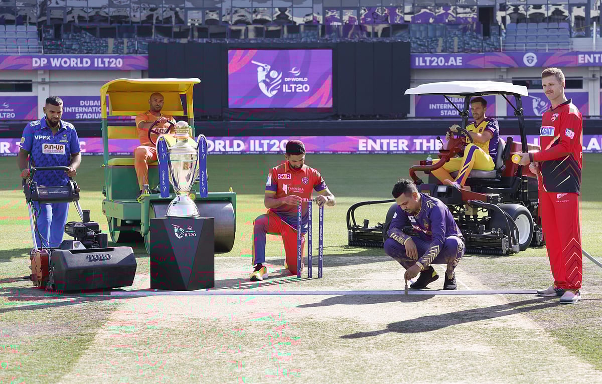 From left: Nicholas Pooran, Tymal Mills, Sikandar Raza, Tim Southee, Sunil Narine and Lockie Ferguson during the photocall on the eve of the DP World ILT20 Season 3 at Dubai International Stadium on Friday.