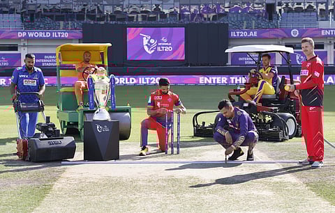 From left: Nicholas Pooran, Tymal Mills, Sikandar Raza, Tim Southee, Sunil Narine and Lockie Ferguson during the photocall on the eve of the DP World ILT20 Season 3 at Dubai International Stadium on Friday.