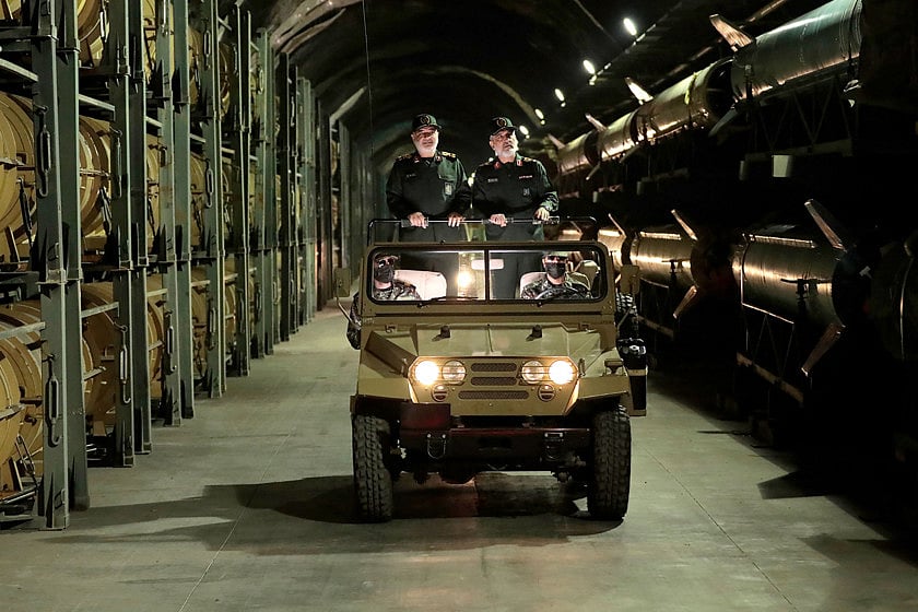 Hossein Salami (left), head of Iran's Revolutionary Guards and Amir Ali Hajizadeh, head of the Guard's airforce, touring an underground missile base in an undisclosed location in Iran. 