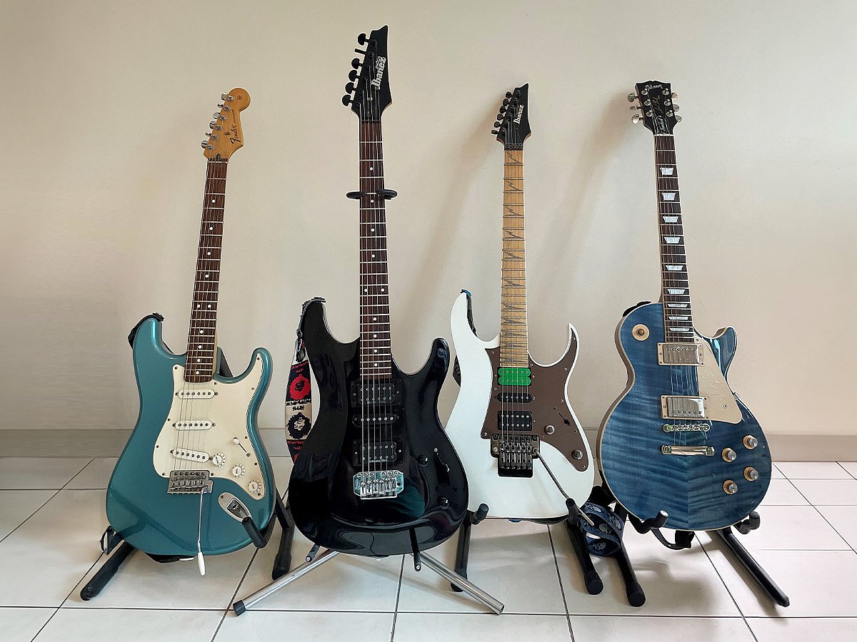 Ibanez Gio (second from left) with its big brothers -- Fender Stratocaster, Ibanez RG Prestige and Gibson Les Paul.
