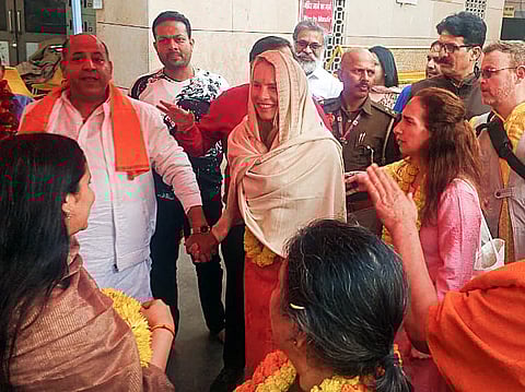Late Apple co-founder Steve Jobs's wife Laurene Powell Jobs visits Kashi Vishwanath Temple, in Varanasi on Saturday.