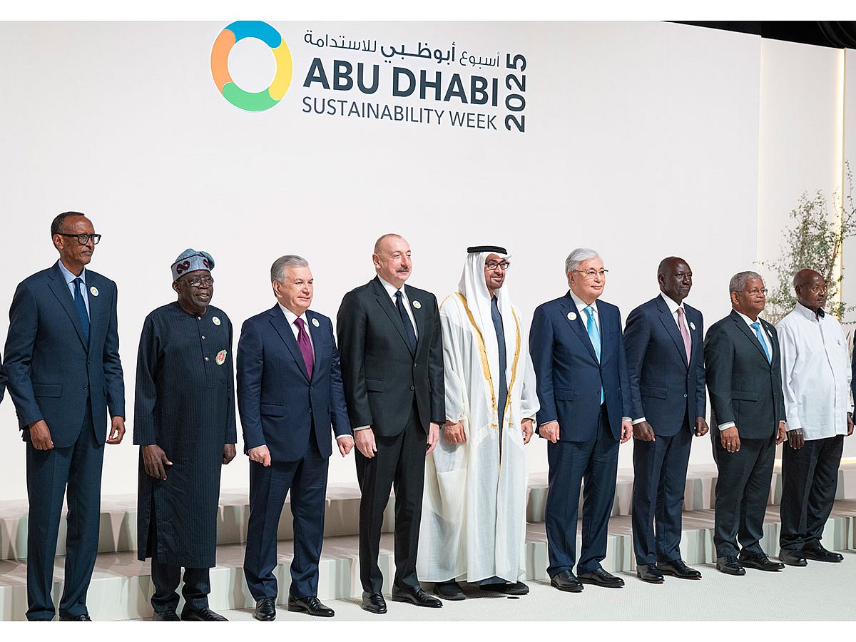 UAE President His Highness Sheikh Mohamed bin Zayed Al Nahyan during the opening ceremony of Abu Dhabi Sustainability Week, with Paul Kagame, President of Rwanda (L), Bola Ahmed Tinubu, President of Nigeria (2nd L), Shavkat Mirziyoyev, President of Uzbekistan (3rd L), Ilham Aliyev, President of Azerbaijan (4th L), Kassym Jomart Tokayev, President of Kazakhstan (6th L), William Ruto, President of Kenya (7th L), Wavel Ramkalawan, President of Seychelles (8th L) and Yoweri Museveni, President of Uganda (R)