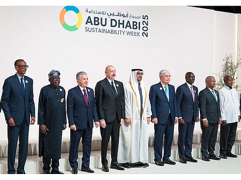 UAE President His Highness Sheikh Mohamed bin Zayed Al Nahyan during the opening ceremony of Abu Dhabi Sustainability Week, with Paul Kagame, President of Rwanda (L), Bola Ahmed Tinubu, President of Nigeria (2nd L), Shavkat Mirziyoyev, President of Uzbekistan (3rd L), Ilham Aliyev, President of Azerbaijan (4th L), Kassym Jomart Tokayev, President of Kazakhstan (6th L), William Ruto, President of Kenya (7th L), Wavel Ramkalawan, President of Seychelles (8th L) and Yoweri Museveni, President of Uganda (R)