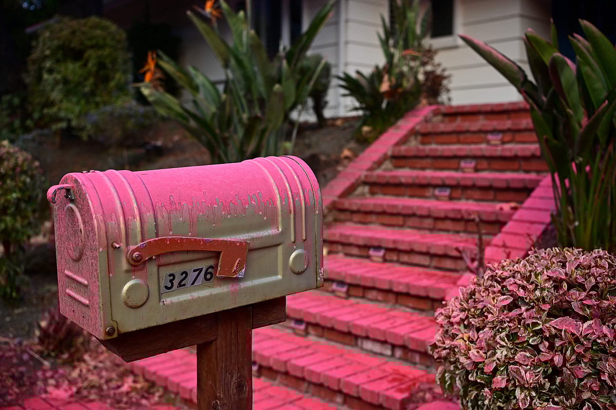 Red flame retardant is seen on the mailbox of a home in the Mandeville Canyon neighborhood of Los Angeles, California.