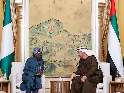 UAE President His Highness Sheikh Mohamed bin Zayed Al Nahyan (right) meets with His Excellency Bola Ahmed Tinubu, President of Nigeria (left), at Emirates Palace.