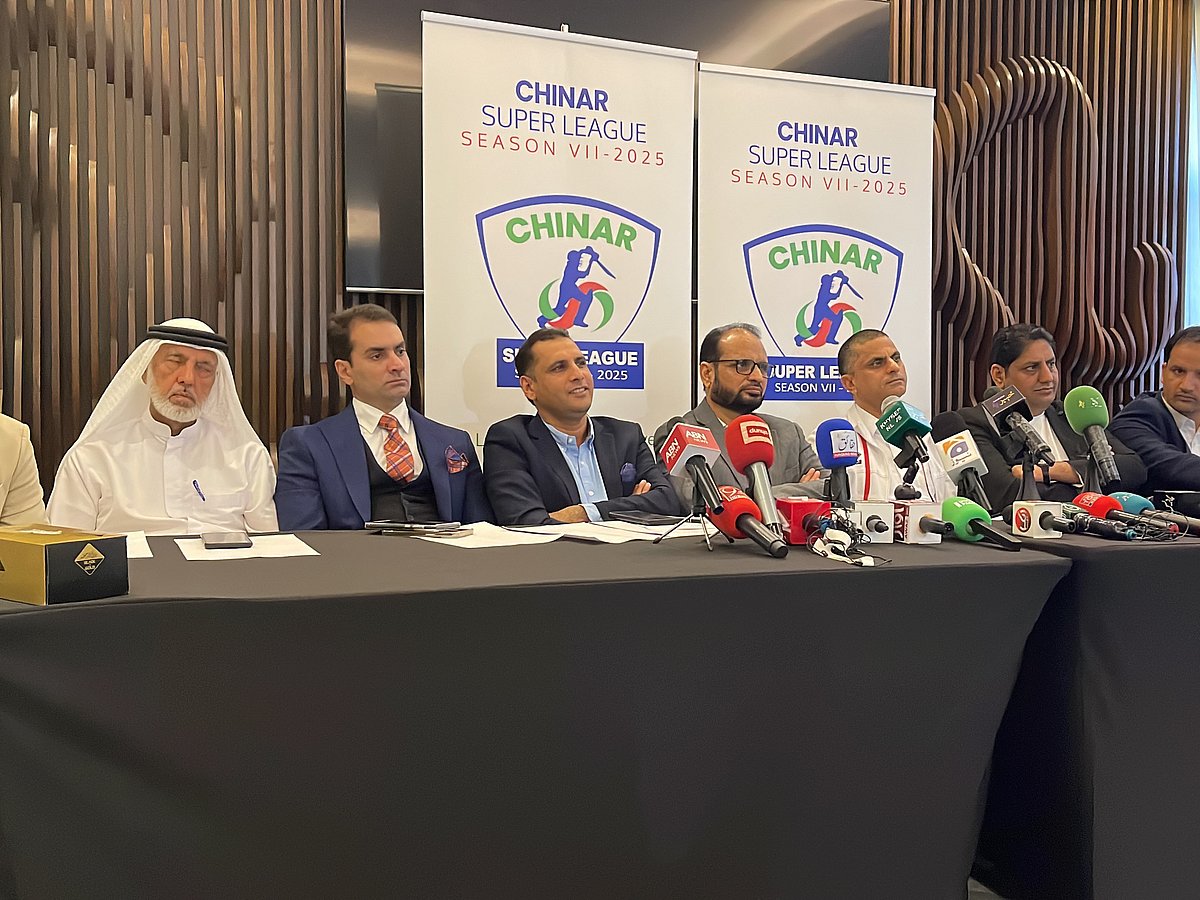 Supporters of the popular community tape ball tournament 'Chinar Super League' during a press conference in Dubai.