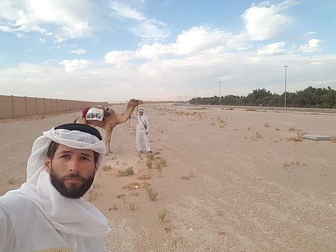 The adventurer team, seen here between Abu Dhabi and Al Ain recently, includes Mike Metzger (front), Omani adventurer Nabil Al Busaidi and Pete from Britain