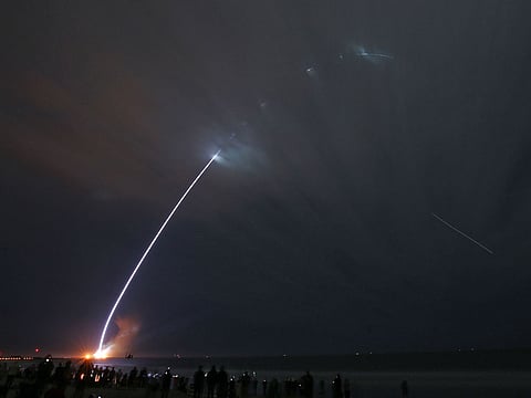 A Blue Origin New Glenn rocket streaks into orbit after launching from the Kennedy Space Center on its maiden flight, at Cape Canaveral, Florida.