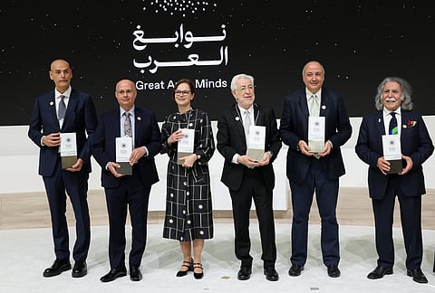 Great Arab Minds awards winners Architect Sahel Al Hiyari, Architect and Urban Designer; Professor Omar Yaghi, Professor of Chemistry, Professor Yasmine Belkaid, President of Institut Pasteu,  at the University of California, Berkeley; Professor Oussama Khatib, Professor of Computer Science and Director of the Robotics Laboratory at Stanford University, Professor Yacine Aït-Sahalia, Professor of Finance and Economics at Princeton University and Artist Dia Al-Azzawi, Visual Artist specializing in contemporary Arab Art. Photo: Virendra Saklani/Gulf News
