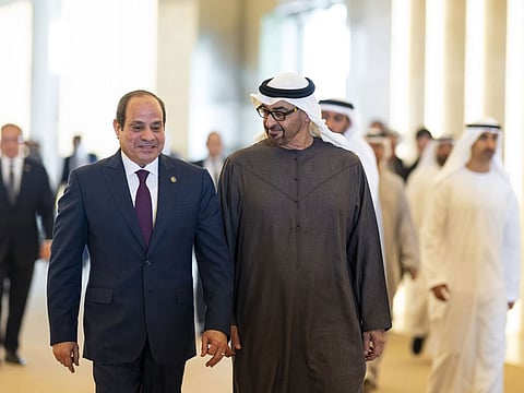 UAE President His Highness Sheikh Mohamed bin Zayed Al Nahyan receives Abdel Fattah El Sisi, President of Egypt at the Presidential Airport in Abu Dhabi on Thursday