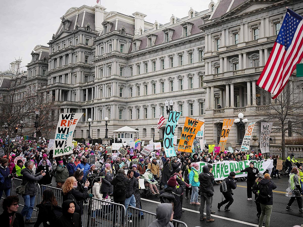 Protestors representing a variety of rights groups attend the "People's March" on January 18, 2025 in Washington, DC.