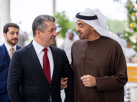 President His Highness Sheikh Mohamed bin Zayed Al Nahyan with Masrour Barzani, Prime Minister of the Kurdistan Region Government, after a meeting at Shati Palace in Abu Dhabi on Sunday