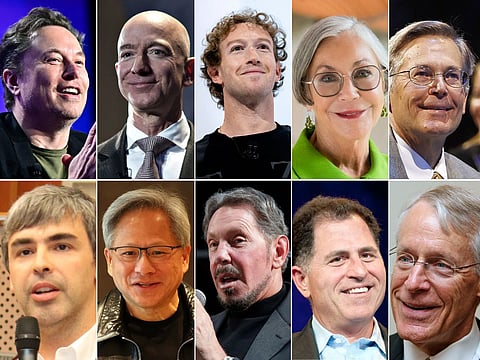 TOP GAINERS: 7 of the top 10 gainers in 2024 hail from the tech sector, showcasing the dominance of innovation and AI in driving wealth. Clockwise (from top left): Elon Musk, Jeff Bezos, Mark Zuckerberg, Alice Walton, Jim Walton, Rob Walton, Michael Dell, Larry Ellison, Jensen Huang and Larry Page.