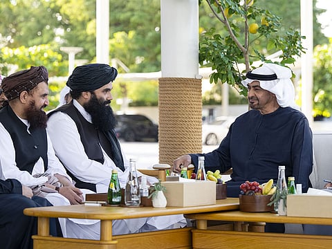 President His Highness Sheikh Mohamed bin Zayed Al Nahyan with Sirajuddin Haqqani, Afghanistan’s Minister of Interior, at Qasr Al Shati in Abu Dhabi on Tuesday 