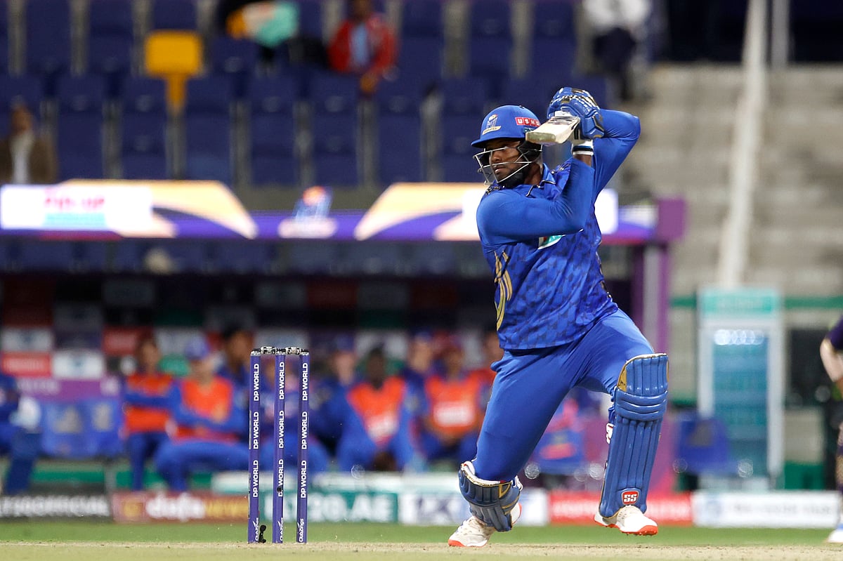 Romario Shepherd of MI Emirates in action during the match against Abu Dhabi Knight Riders at the Zayed Cricket Stadium, Abu Dhabi, on Tuesday.