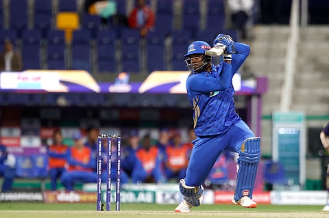 Romario Shepherd of MI Emirates in action during the match against Abu Dhabi Knight Riders at the Zayed Cricket Stadium, Abu Dhabi, on Tuesday.
