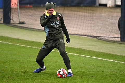 Manchester City's Norwegian striker  Erling Haaland takes part in a training session at Manchester City's training ground in Manchester, north-west England, on January 21.