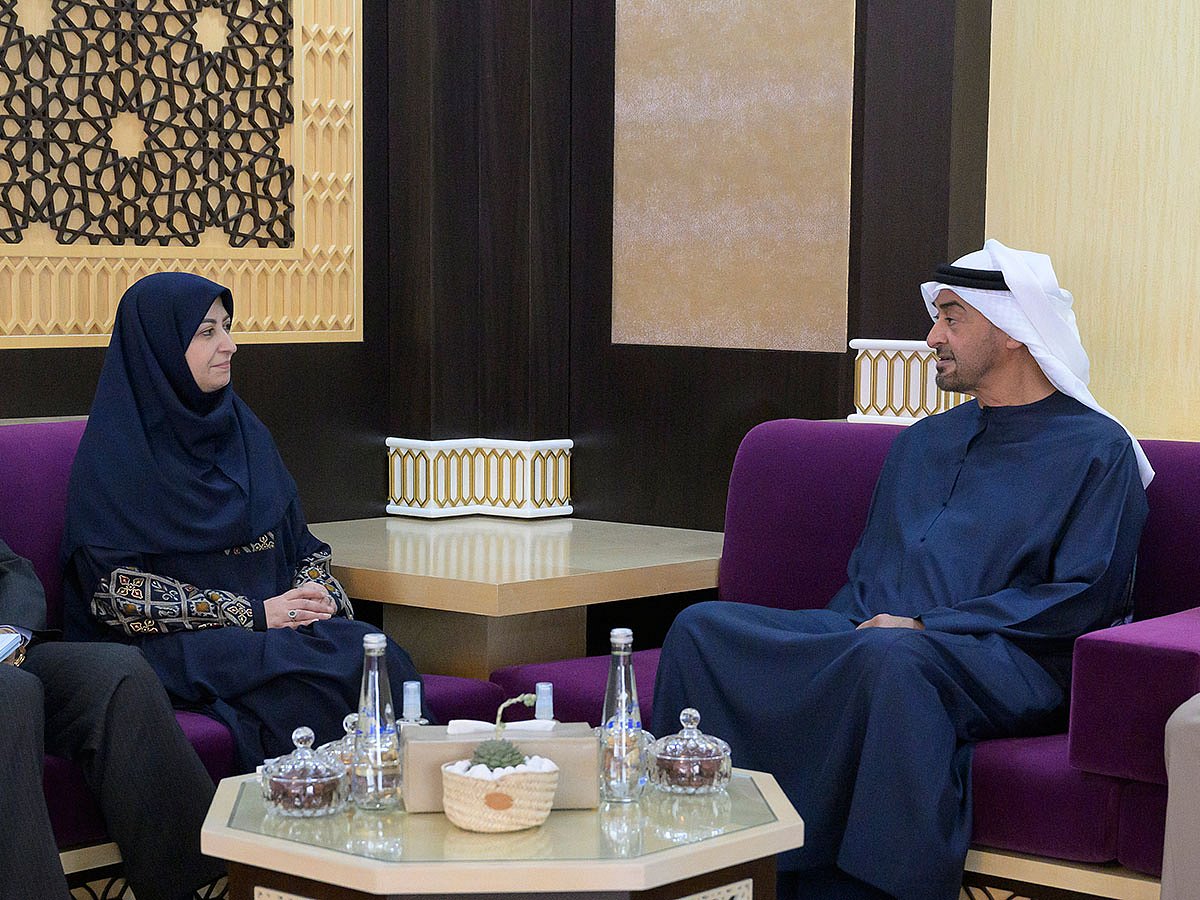 President His Highness Sheikh Mohamed bin Zayed Al Nahyan with Shina Ansari, Vice President and Head of Department of Environment of Iran at Qasr Al Rawdha in Al Ain on Wednesday