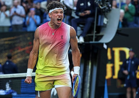 USA's Ben Shelton celebrates victory over Italy's Lorenzo Sonego after their men's singles quarter-final match on day eleven of the Australian Open tennis tournament in Melbourne on Wednesday.
