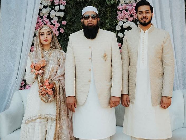 Pakistani cricket legend Inzimamul Haq (centre) with his son Ibtesamul Haq and his bride during the Nikah ceremony in Lahore