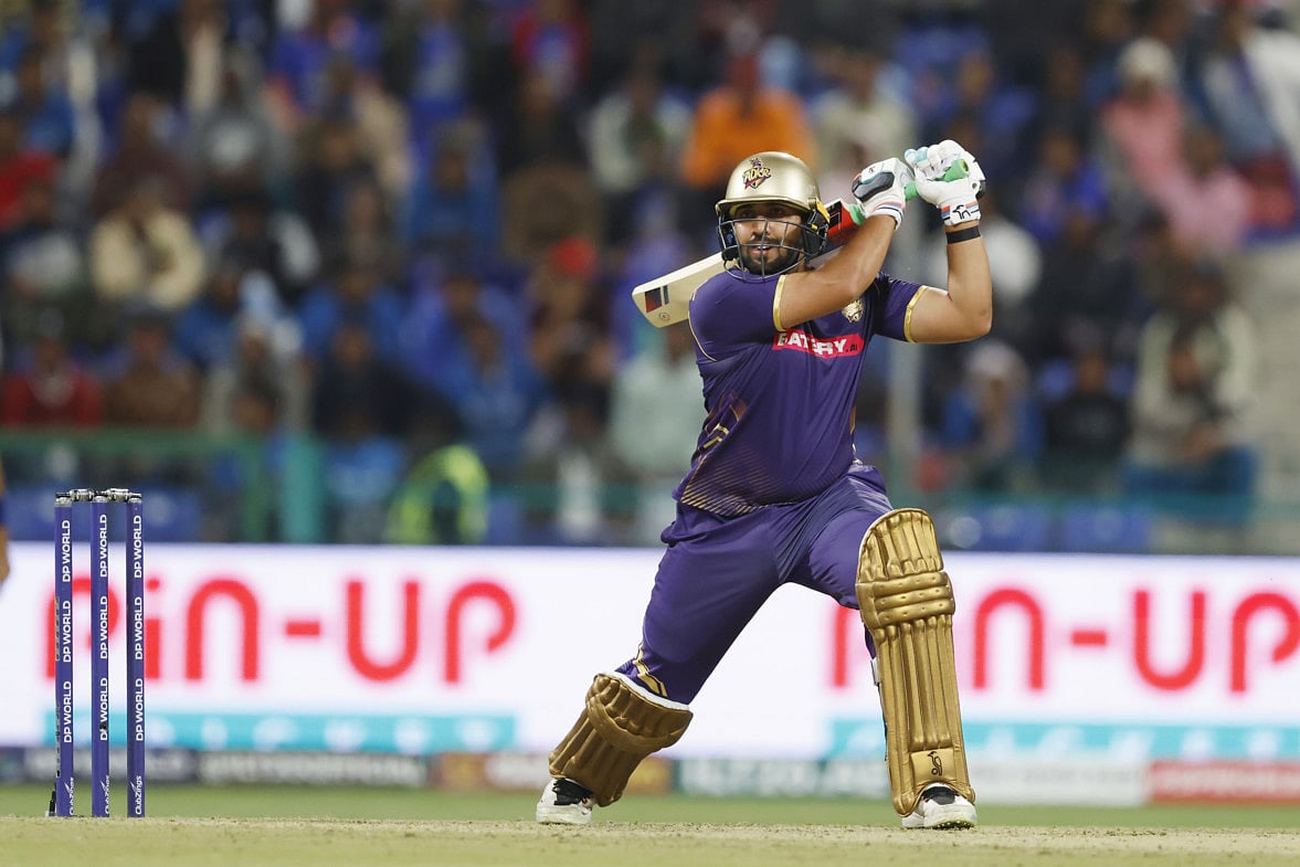 Alishan Sharafu of Abu Dhabi Knight Riders plays a shot during the match 17 of the DP World ILT20 League against MI Emirates at Zayed Cricket Stadium in Abu Dhabi on Friday.