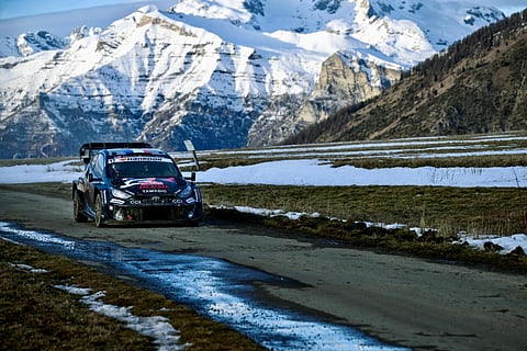 Toyota Gazoo Racing Wrt Team's French driver Sebastien Ogier and French co-pilot Vincent Landais steer their Toyota GR Yaris Rally1 during the Stage 8 of the 93rd WRC Monte-Carlo Rally between Saint-Leger-Les-Melezes and La Batie-Neuve near Gap on January 24.